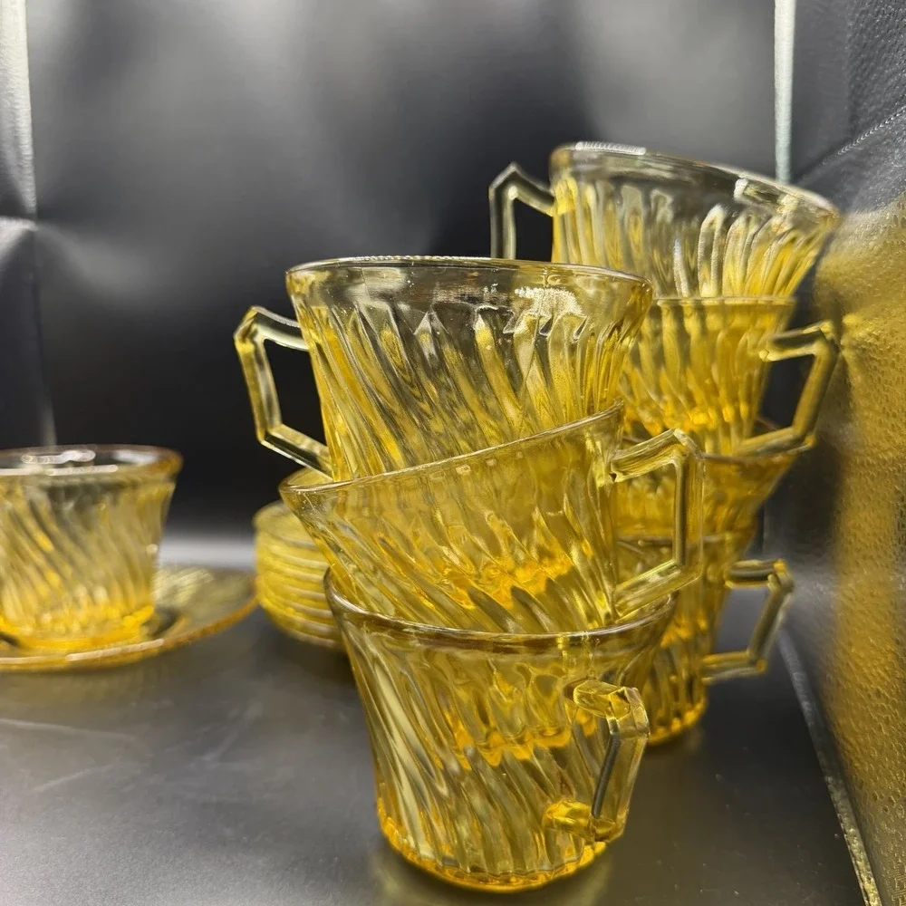 Vintage Amber Depression Federal Glass Company Diana Swirl cup & saucer sets /8